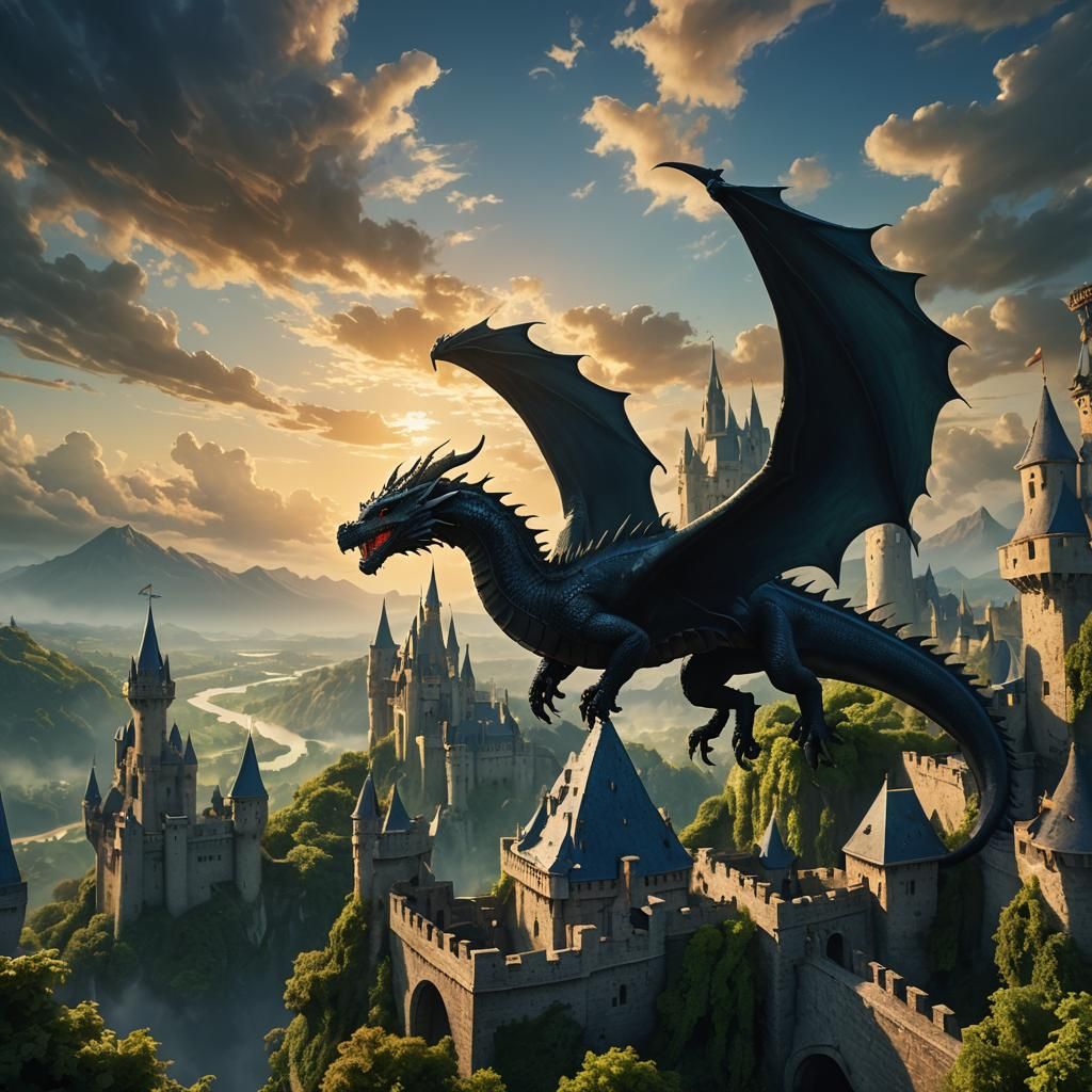 Black Dragon Over Castle: Epic Fantasy Matte Painting