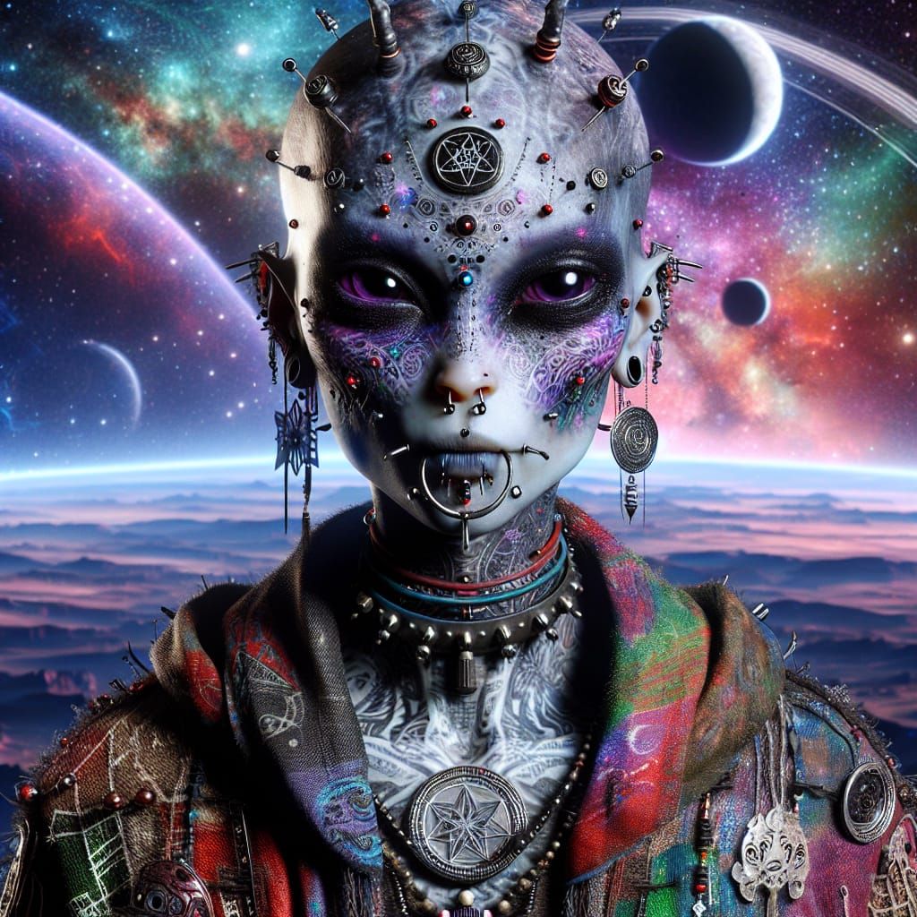 Edgy Alien Character in Cosmic Landscape