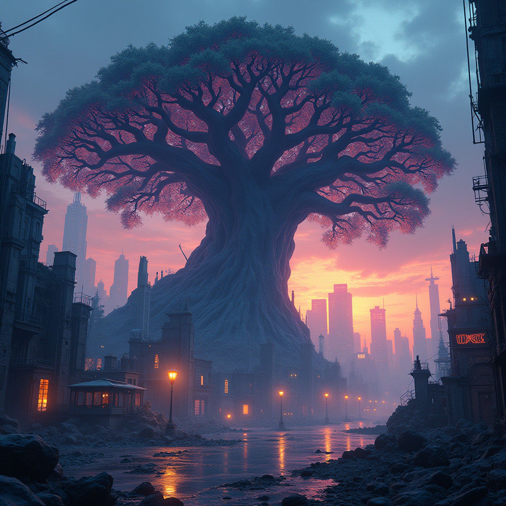Futuristic Dystopian Cityscape with Mystical Tree