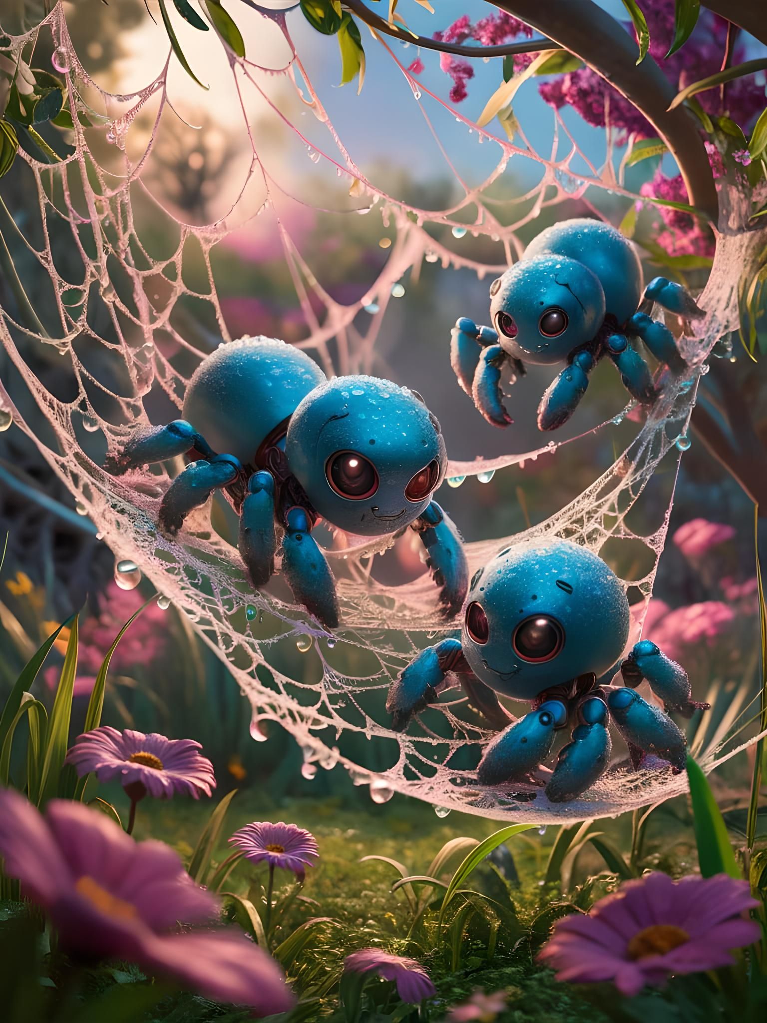 Metallic Blue Baby Spider Robots in Spring Garden
