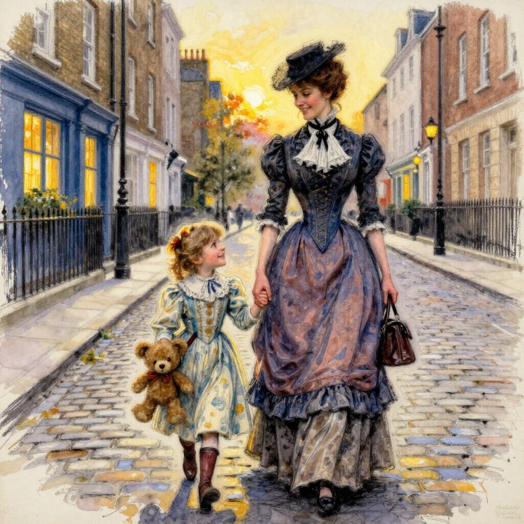 Victorian Lady and Child in London Sunset