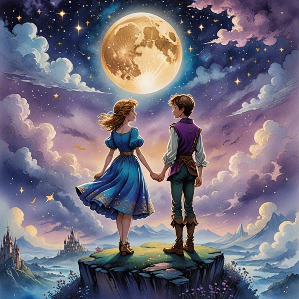 Wendy and Peter Pan on a Star-Dusted Cloudscape