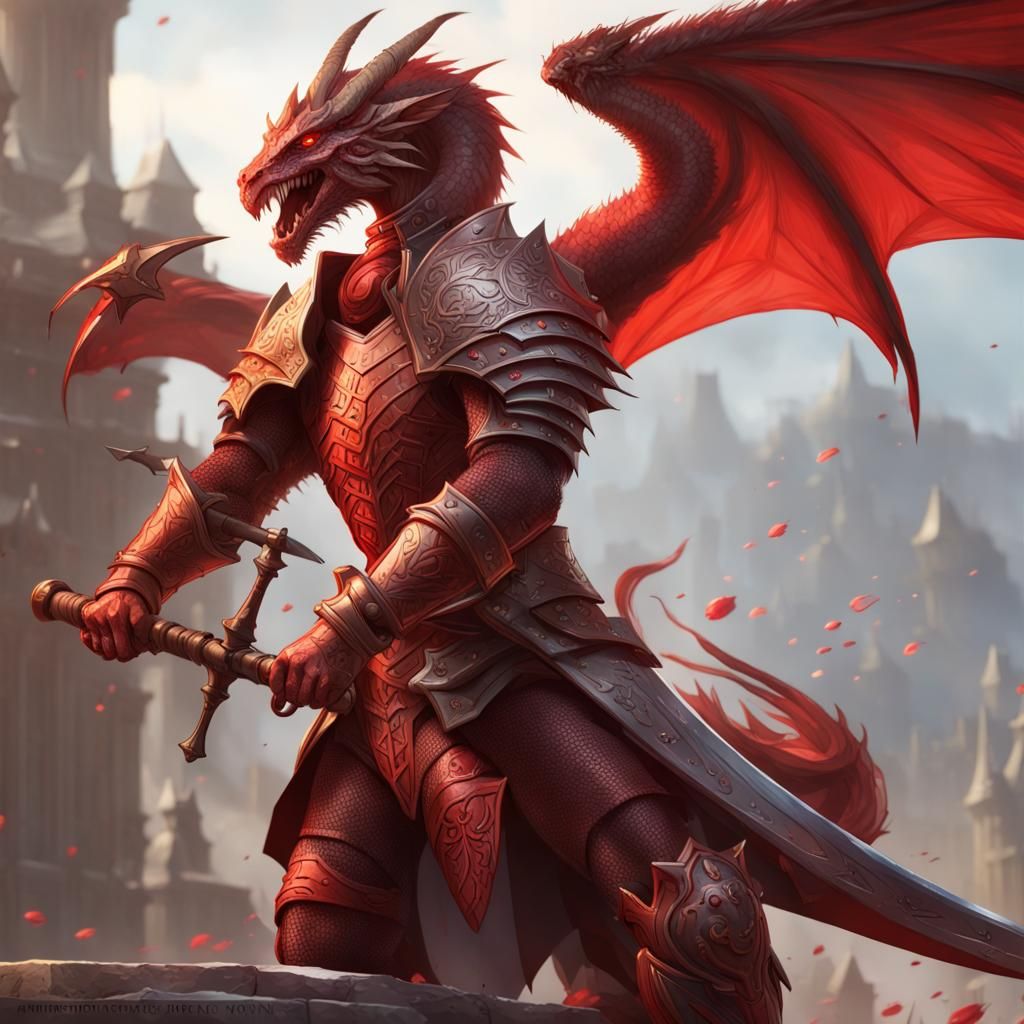 Armored Red Dragonborn Warrior Portrait: Detailed Concept Ar...