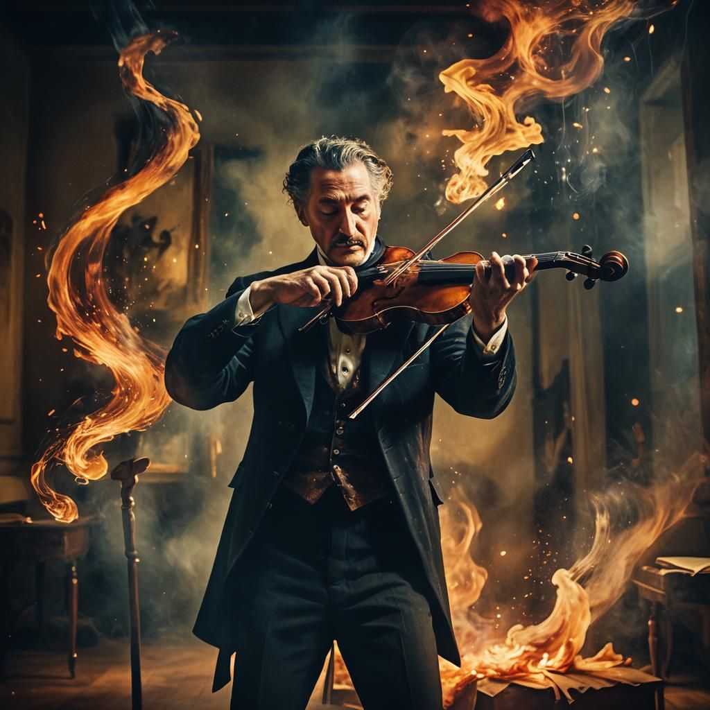 Surreal Violinist Plays Fiery Music, Impasto Painting