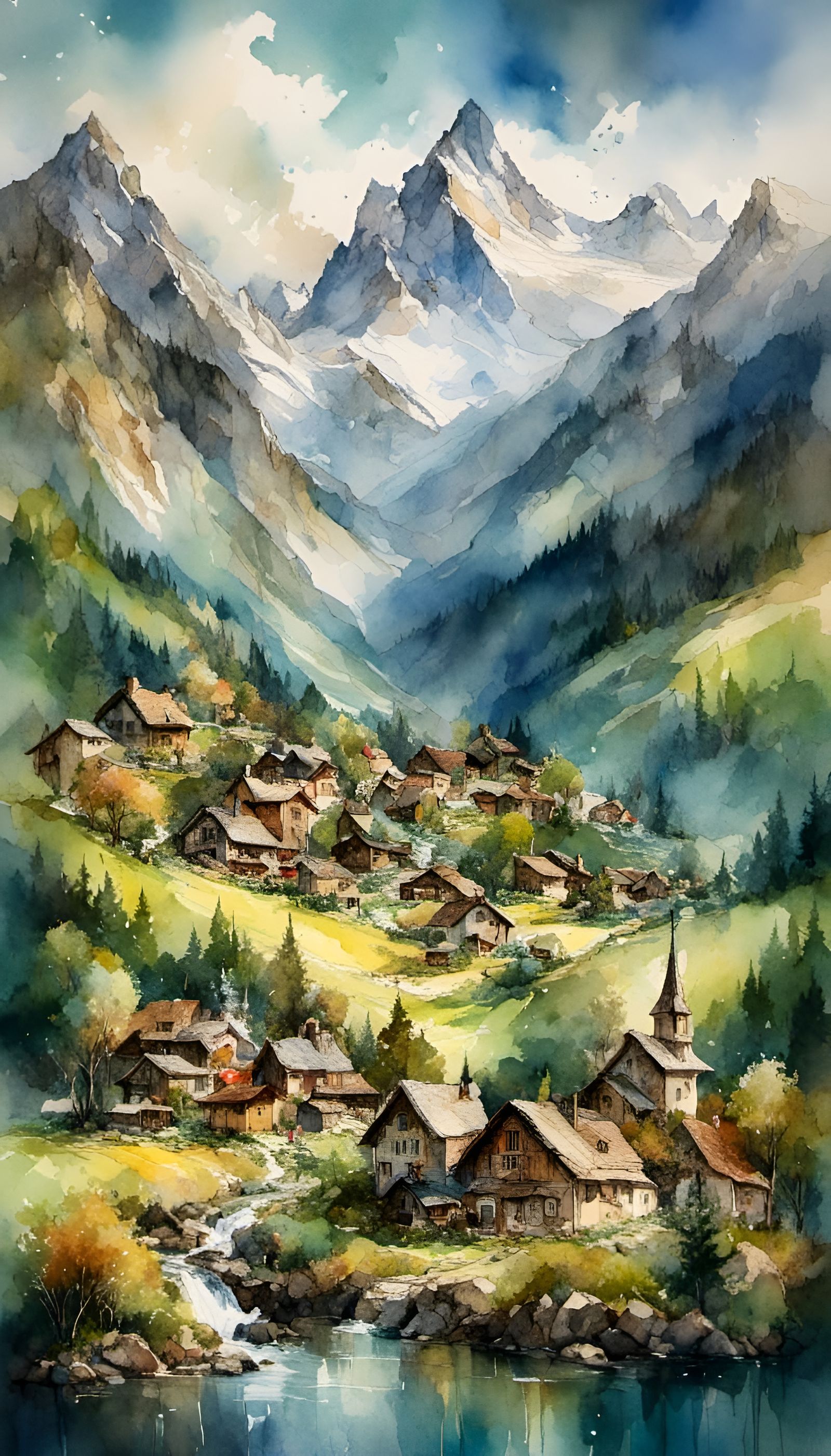 Swiss Village in Mountains: Watercolor Landscape