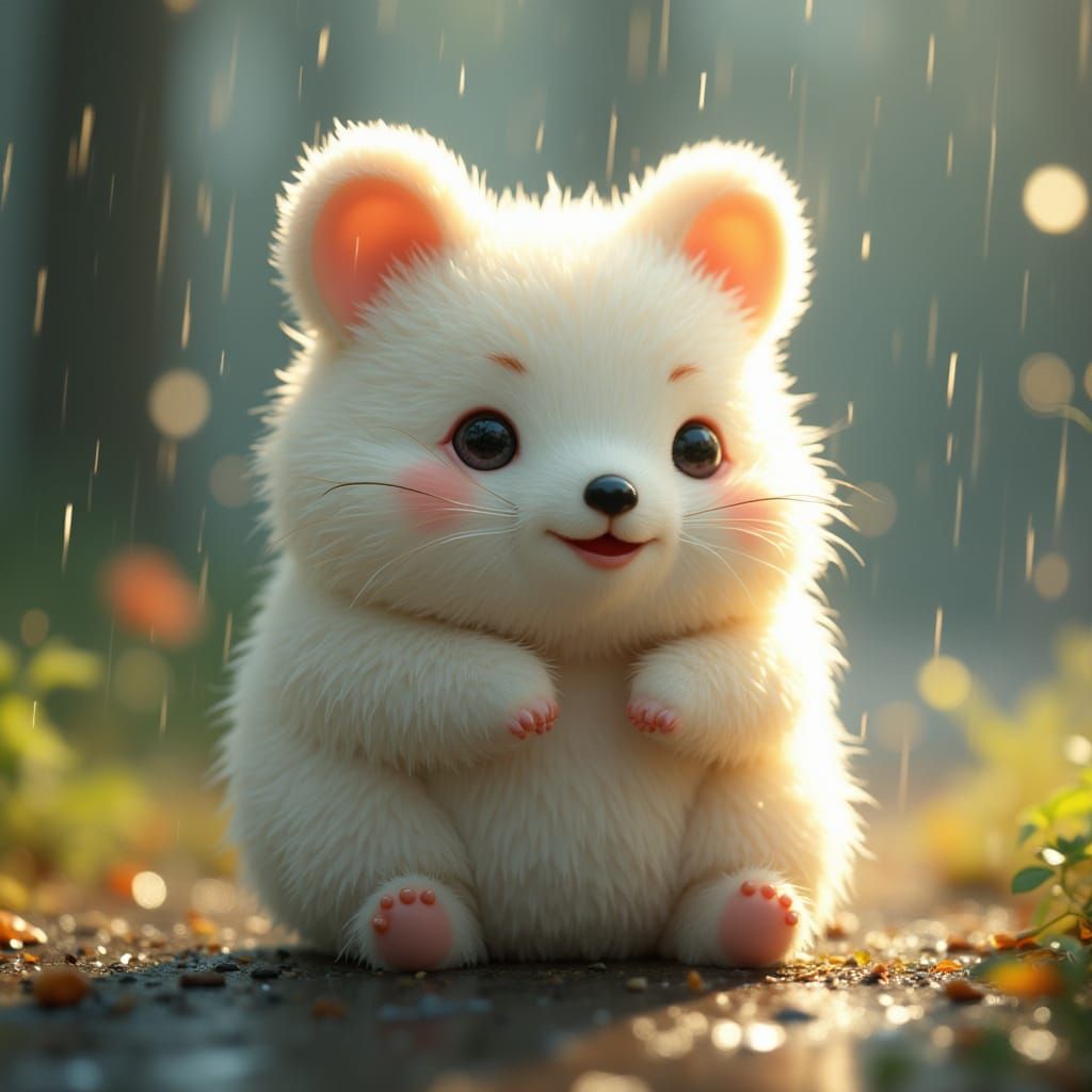 3D Kawaii Quokka in Summer Rain, Anime Style