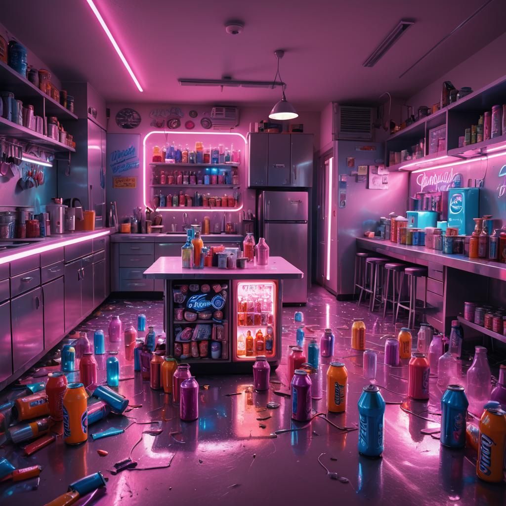 Synthwave Kitchen Overflowing with Soda and Neon