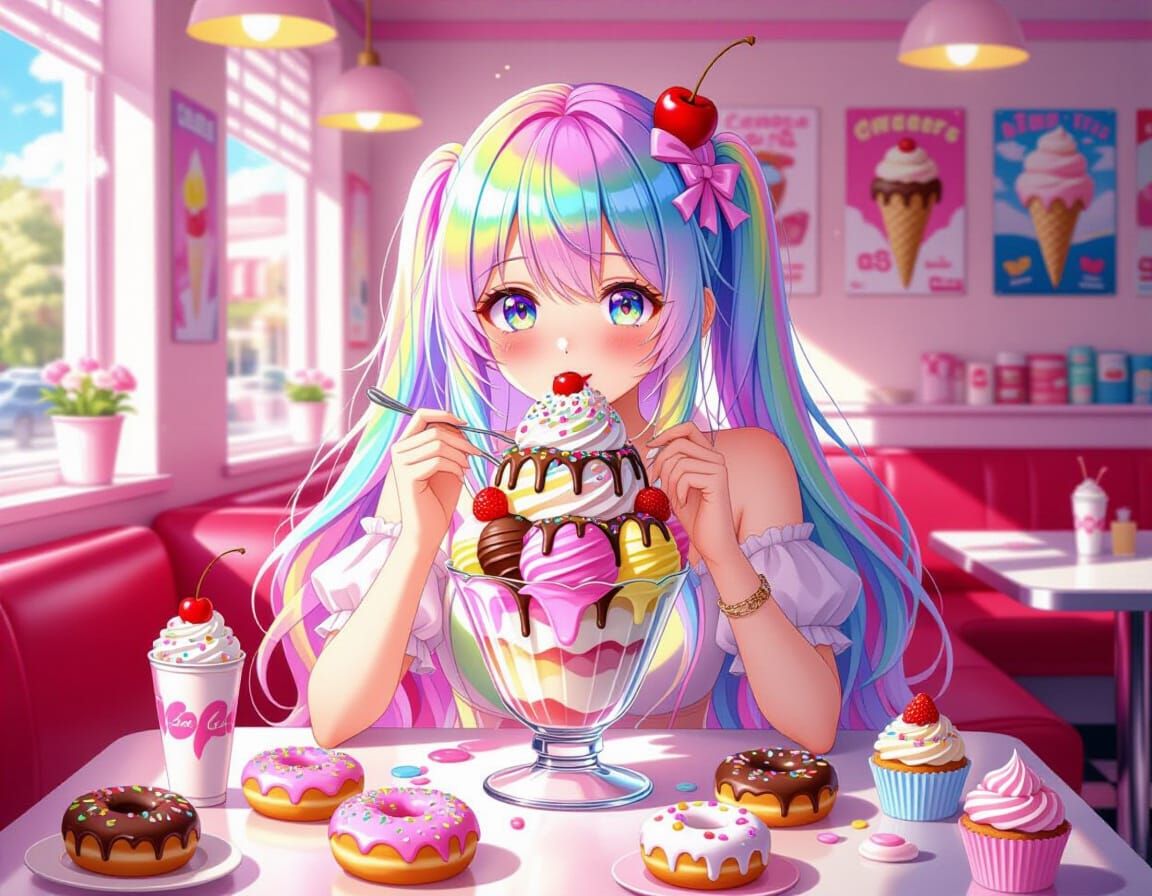 Anime Girl with Ice Cream Sundae, Digital Painting