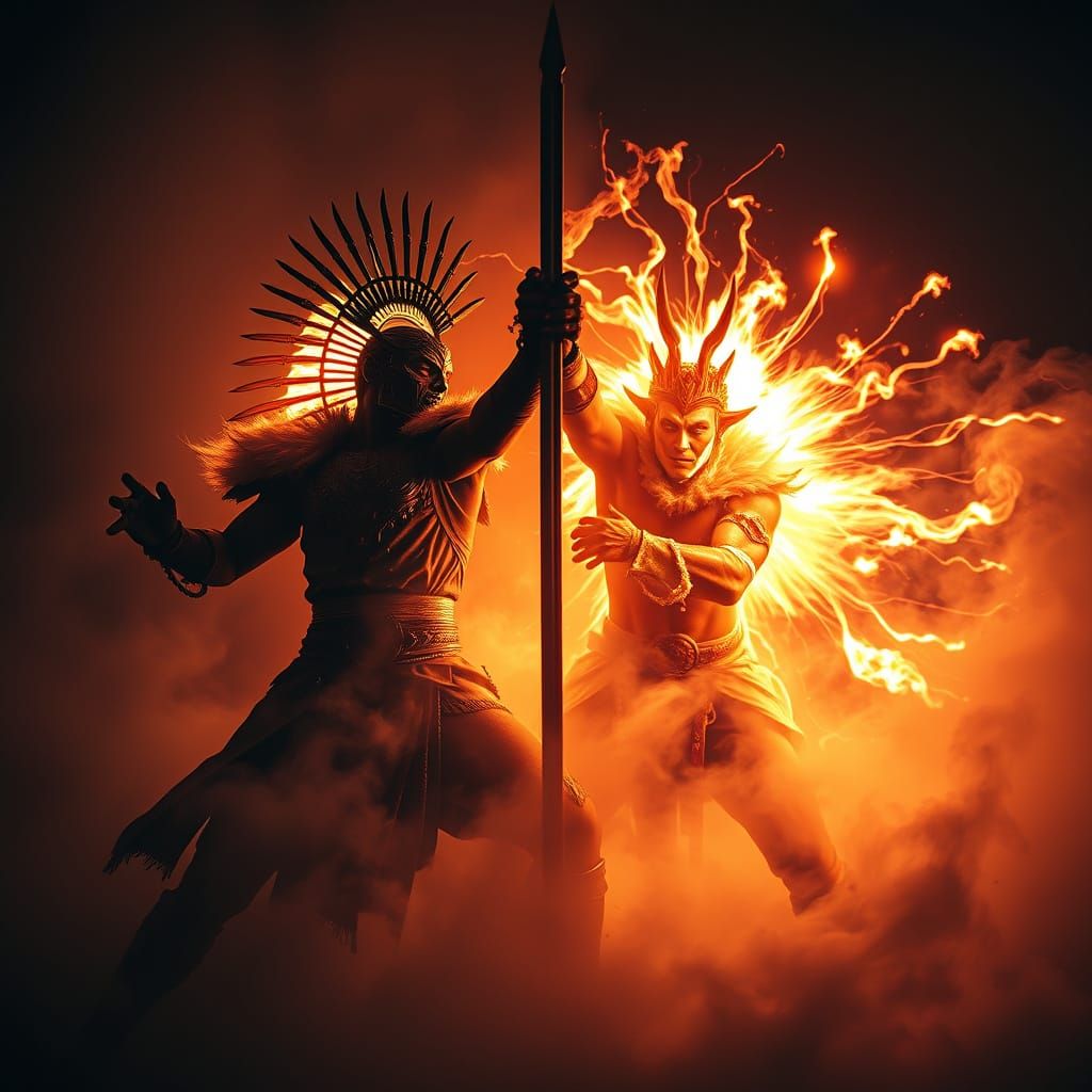 Surreal Warrior Gods Engage in Epic Light and Shadow Battle