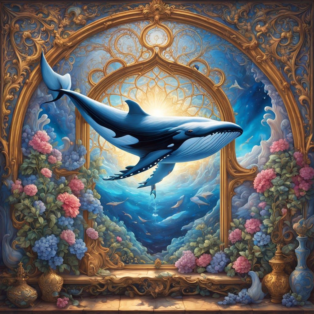 Whale in Baroque Window Frame Scene with Manta Rays and Cele...