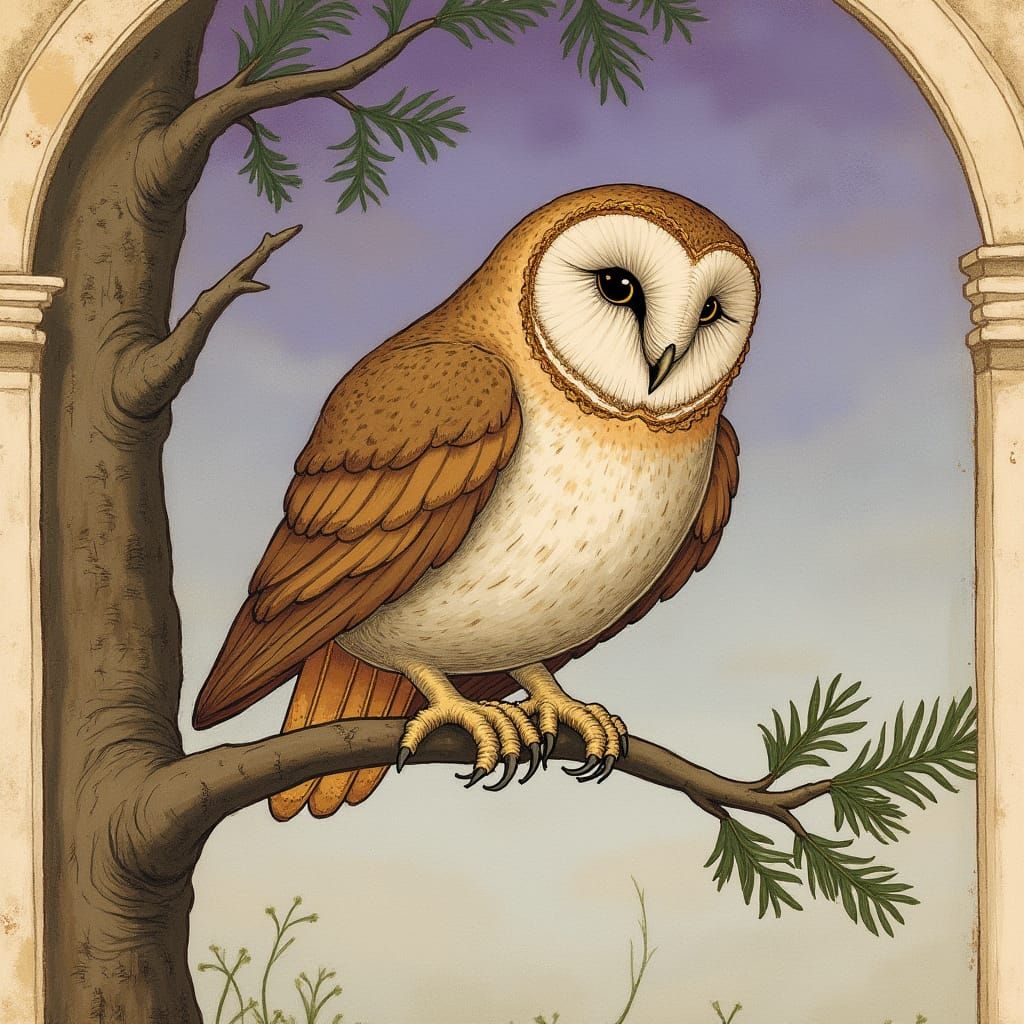 Owl in Illuminated Manuscript Style at Dusk