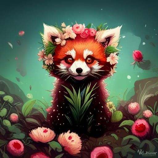 Adorable Chibi Red Panda with Flowers