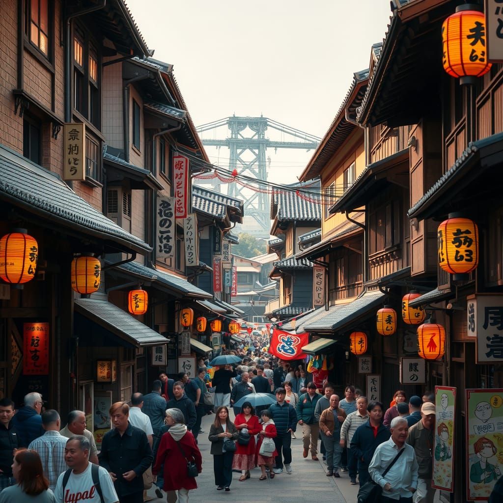 A bustling street scene from old Japan, with detailed figure...
