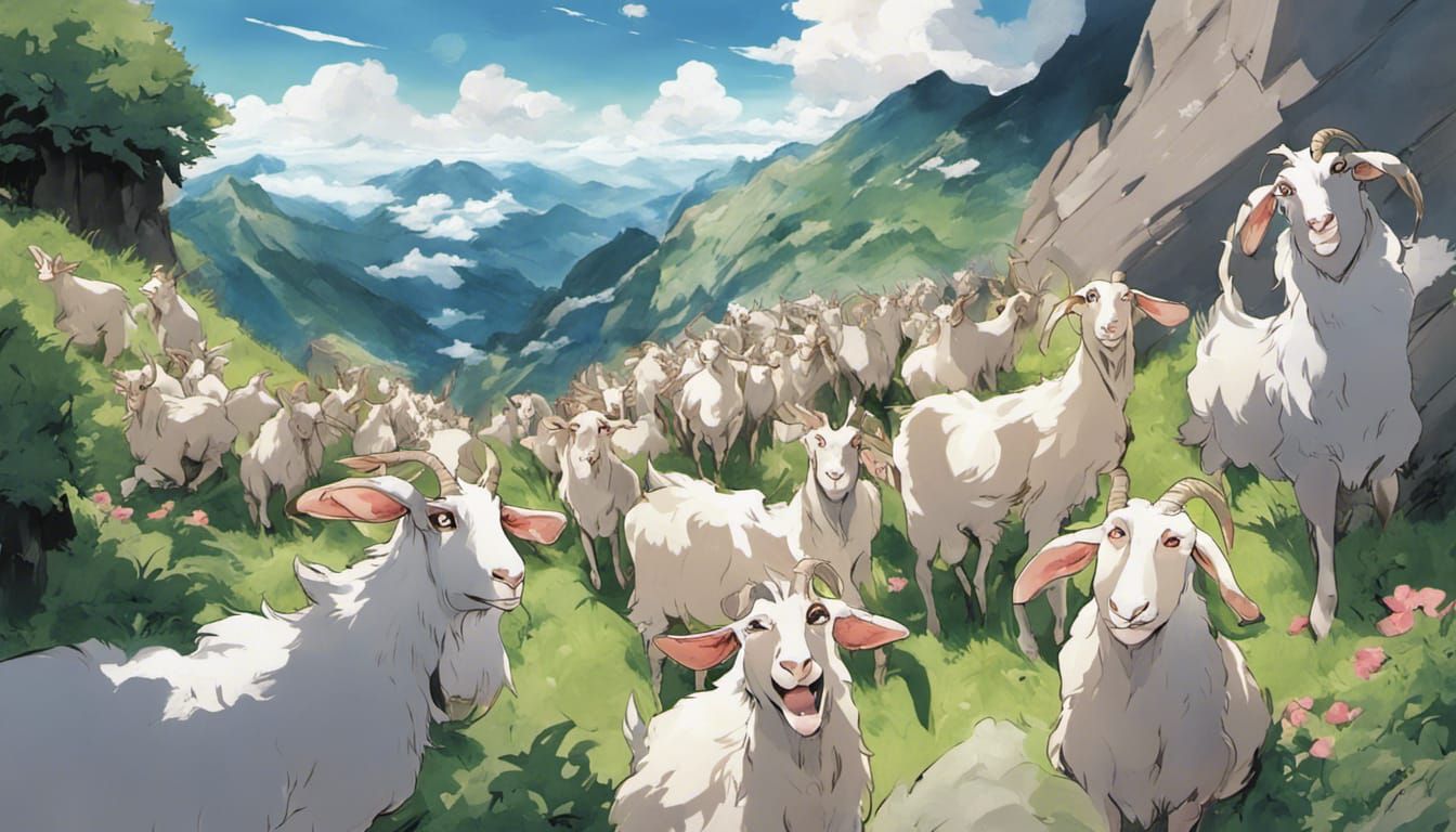 Goat Parade in Anime Style on Mountain