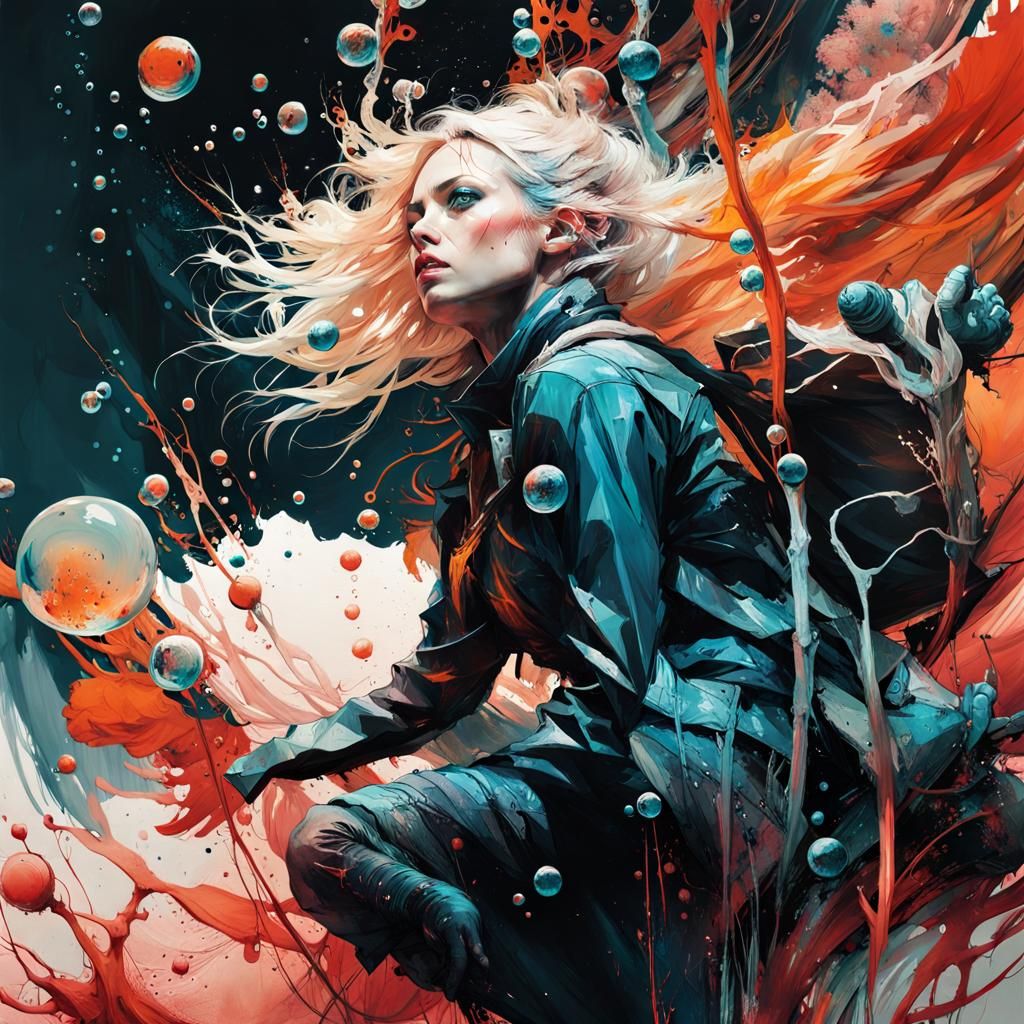 Underwater Woman in Anime Style Mixed-Media Painting