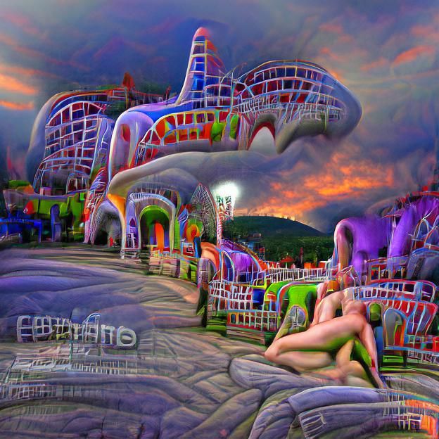Psychedelic Romanesque Amusement Park Twilight Seascape