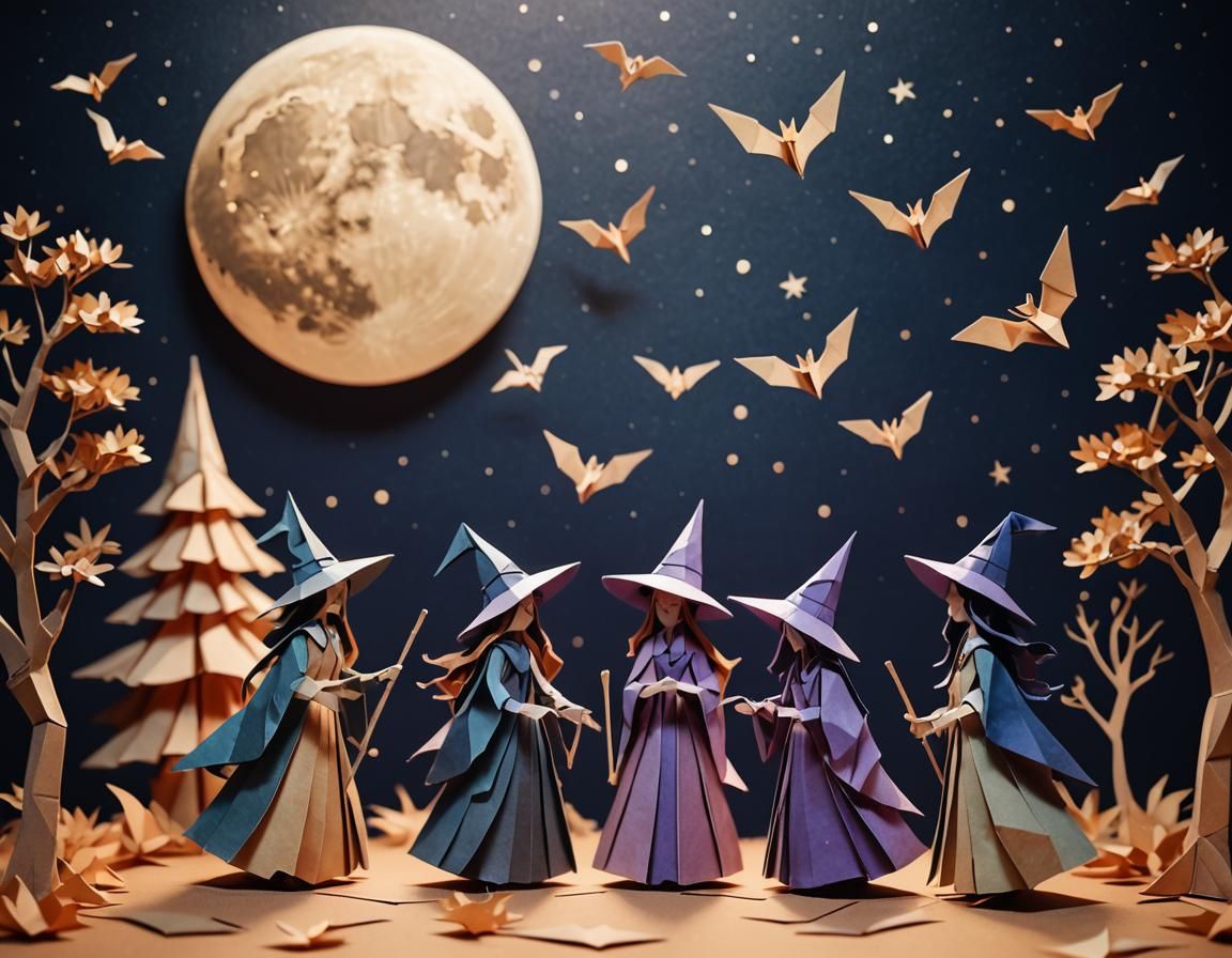 Witches Gather Under Moon in Origami Papercraft