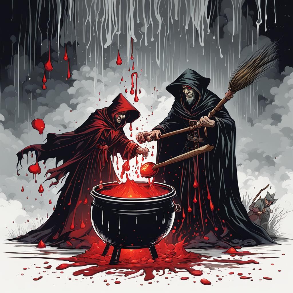 Warlock and Witch Stir Cauldron Under Blood Rain