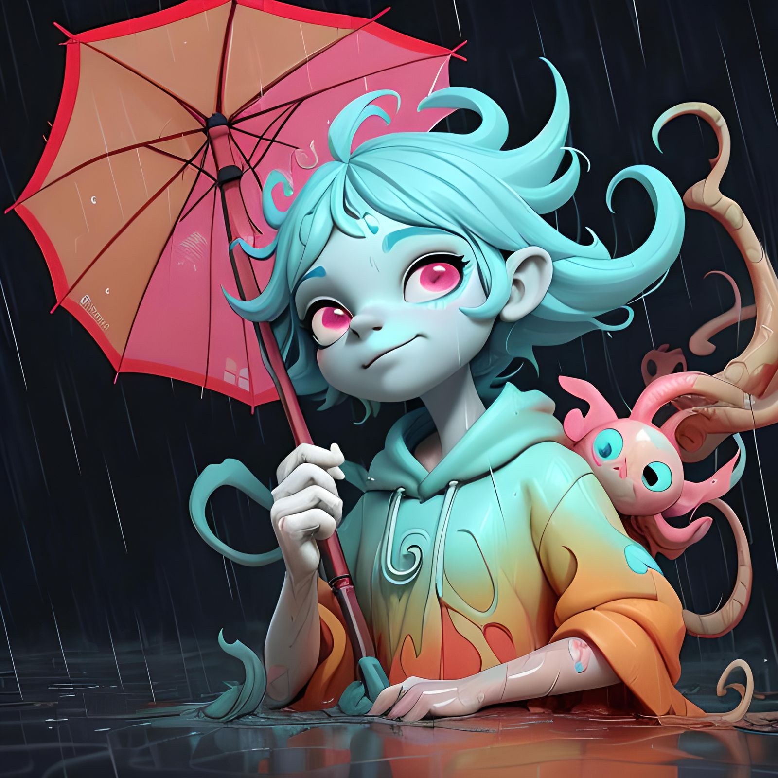 Anthropomorphic Ant with Umbrella in Rainy 3D Art