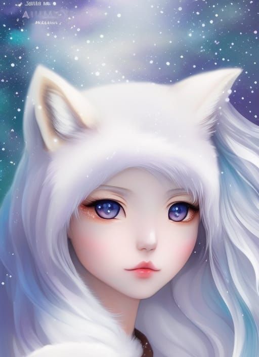 Kitsune, fox, fox girl, white fox, fox ears, anime, semi realistic, cute, kawaii, white eyelashes, mystical, magical, gl...
