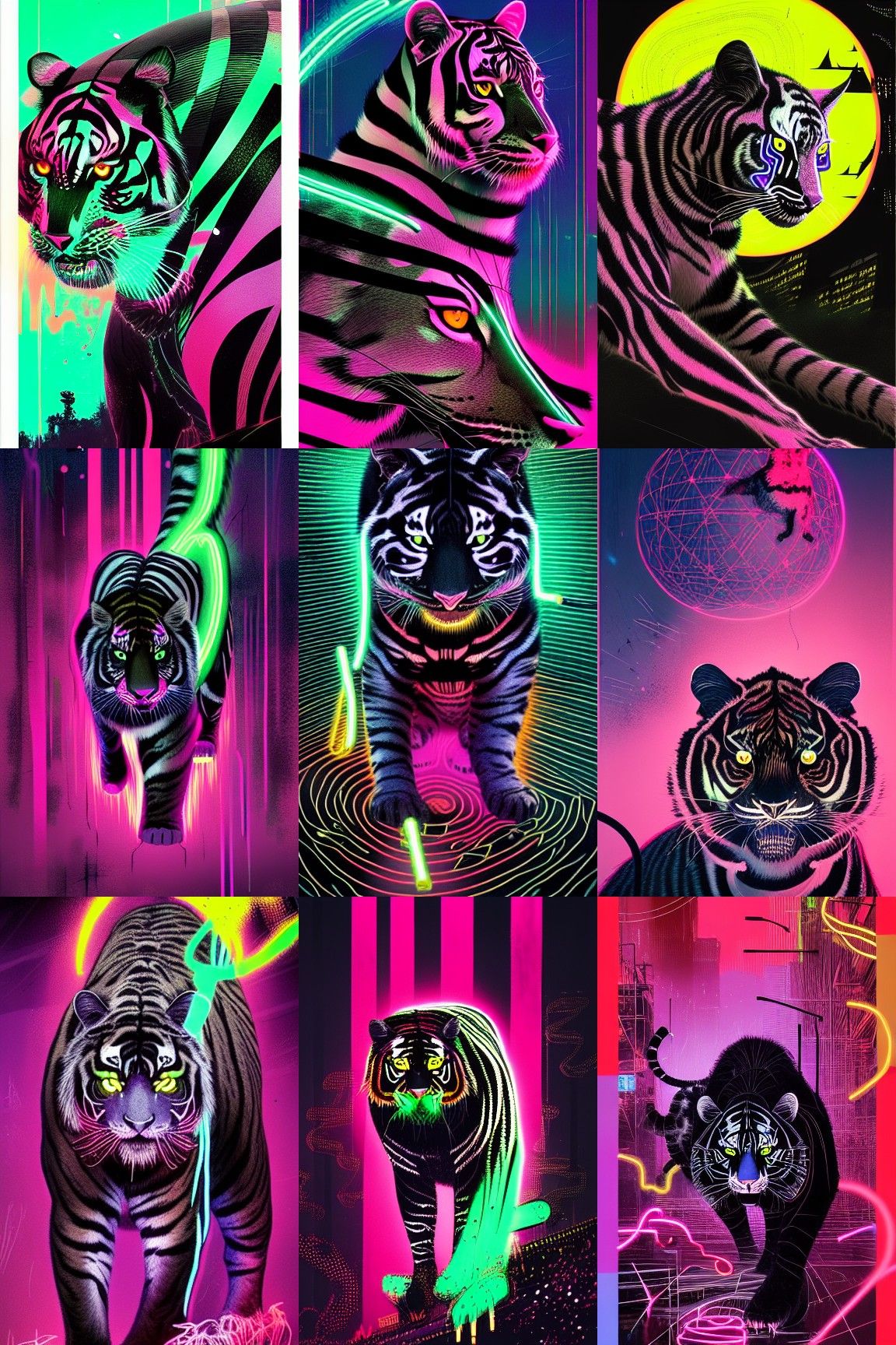 Neon Striped Black Tiger in Cel-Shaded Style