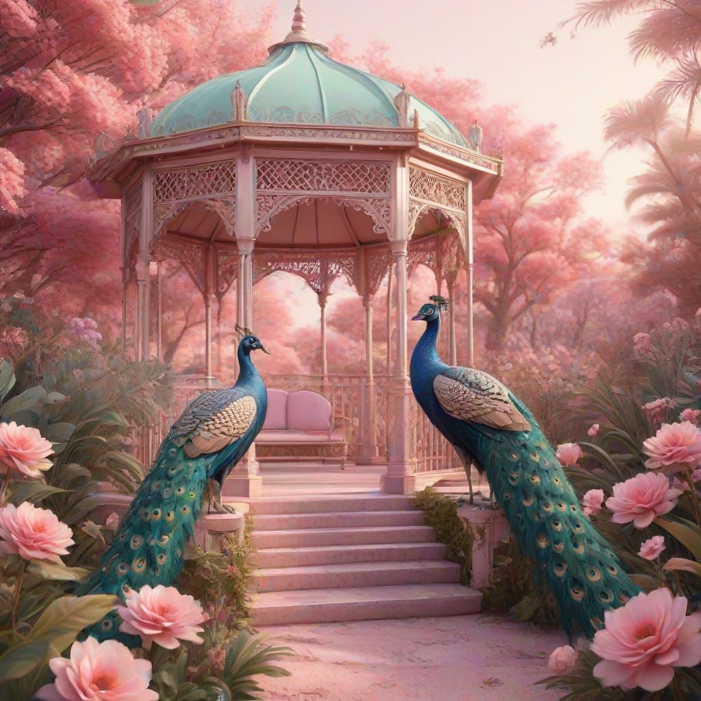 Pink Fantasy Garden with Art Deco Gazebo and Peacocks
