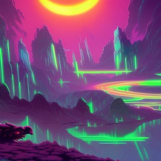 Cyberpunk Fantasy Landscape with Neon Highlights