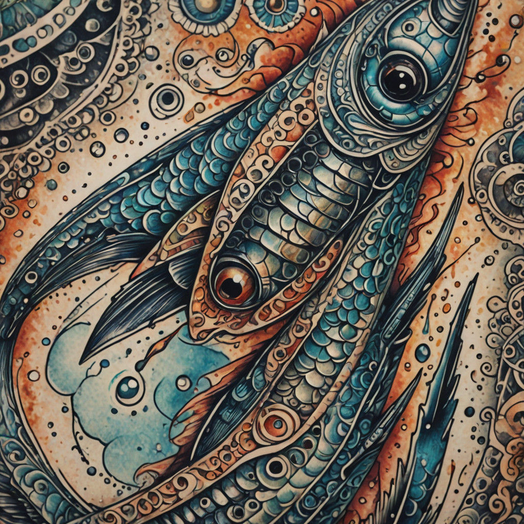 Fine-Line Sardine Tattoo Art with Vivid Colors and Delicate...