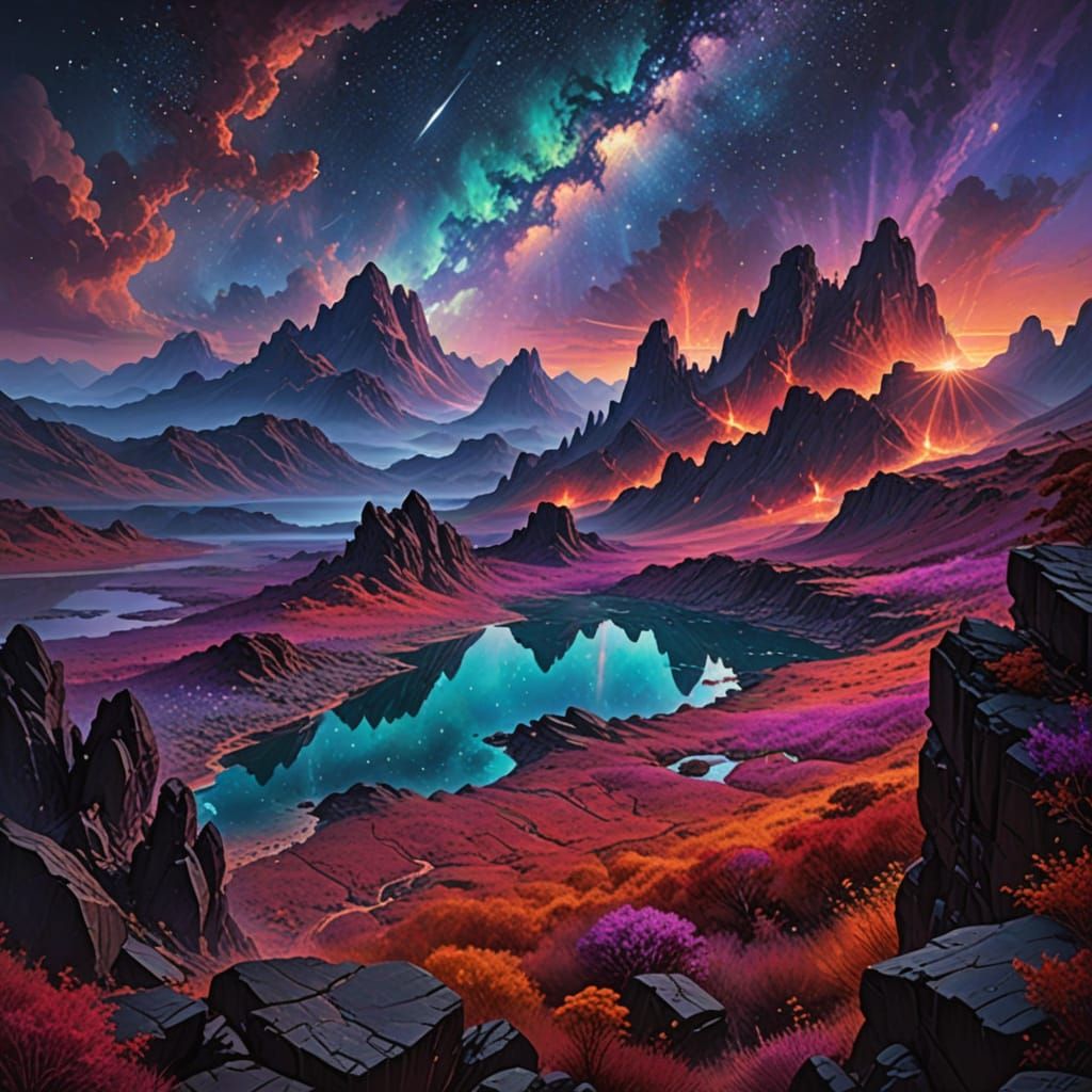 Surreal Fantasy Landscape with Towering Obsidian Mountain an...