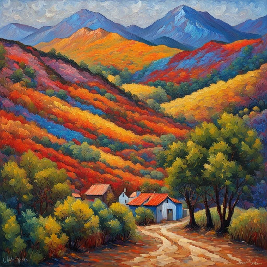 Andes Mountains in Neo-Impressionist Oil Painting