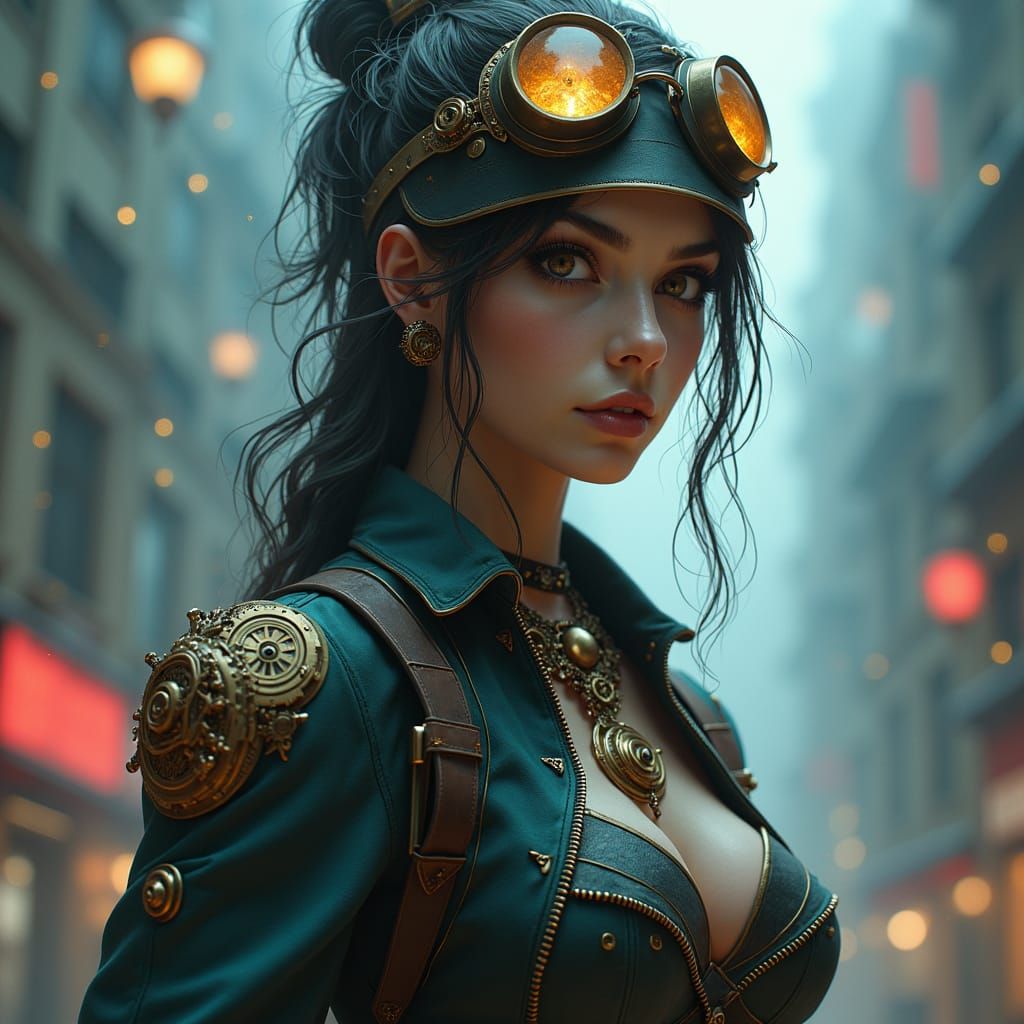 Steampunk Woman with Gears and Clockwork, Mystical Cityscape