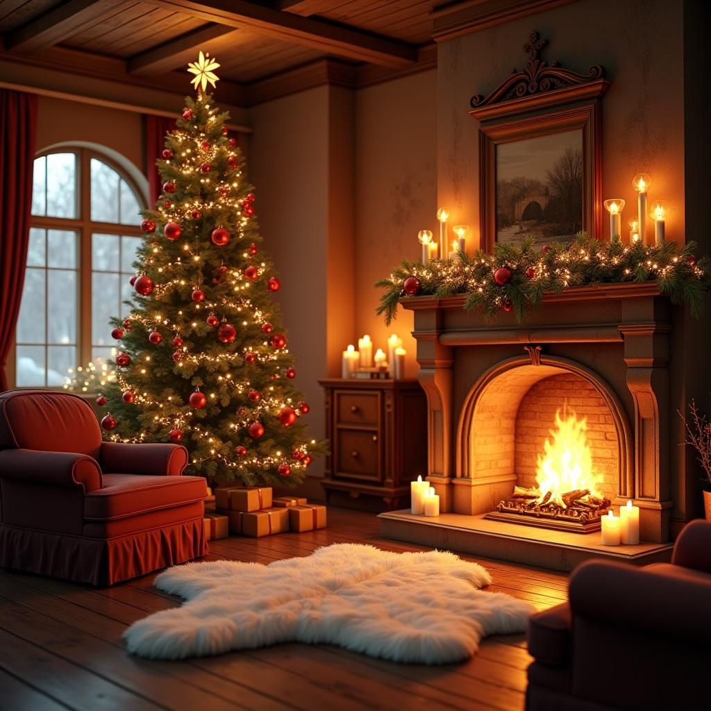 Cozy Christmas Living Room in Fantasy Art Style