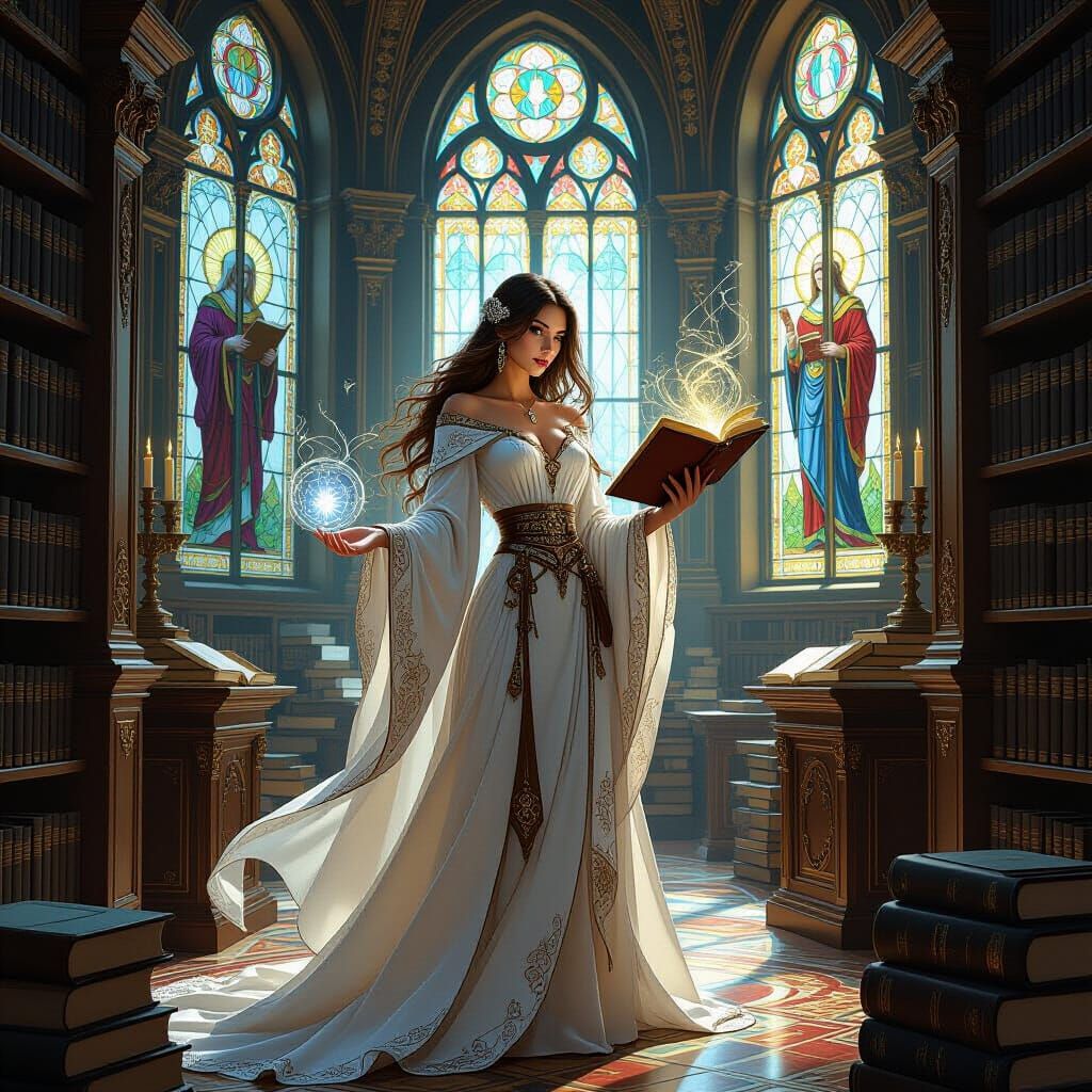 Elegant Sorceress in Grand Library with Stained Glass