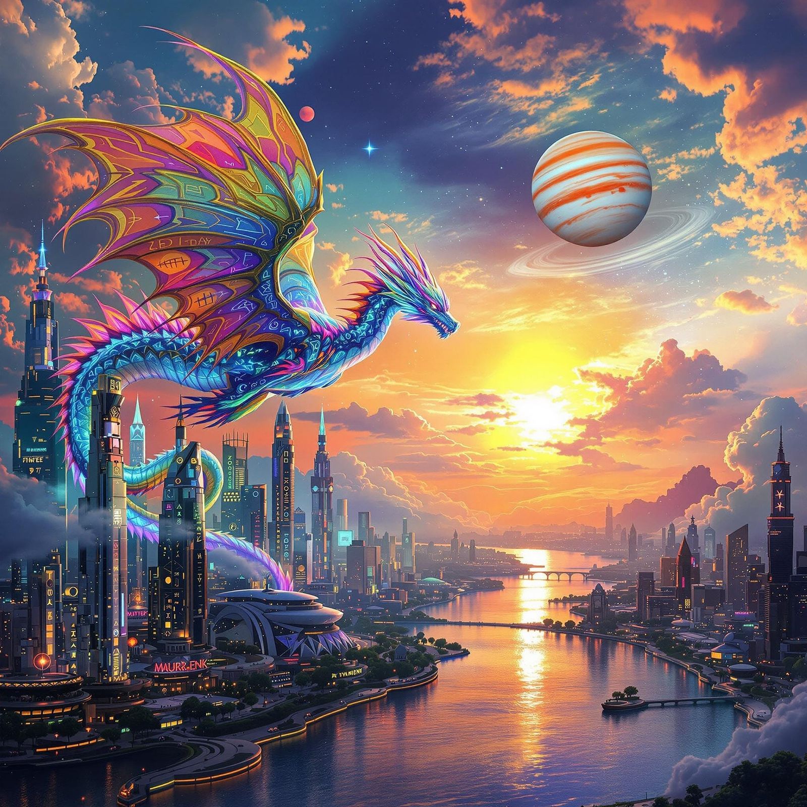 Luminescent Dragon Soars Above Futuristic Metropolis