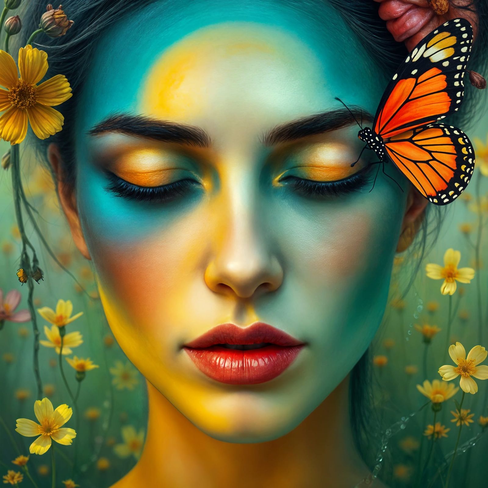 Vibrant Portrait of a Woman with Butterfly