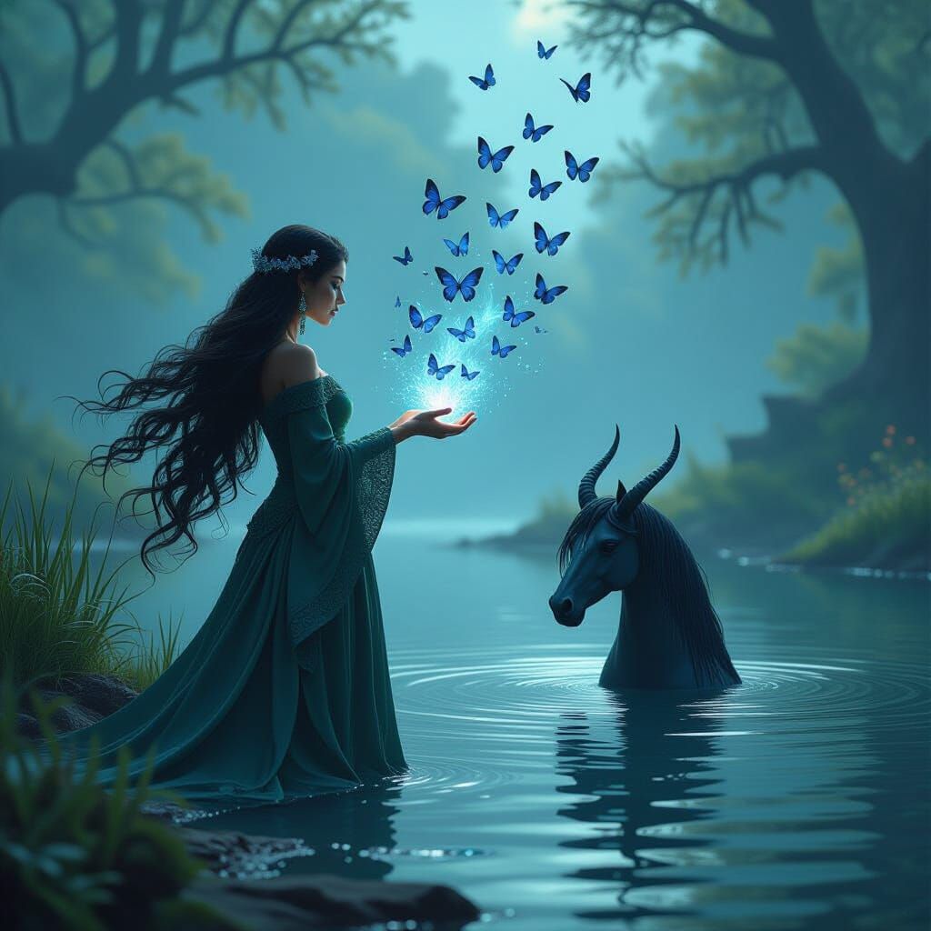 A Celtic witch with butterflies shooting out of her hands, s...