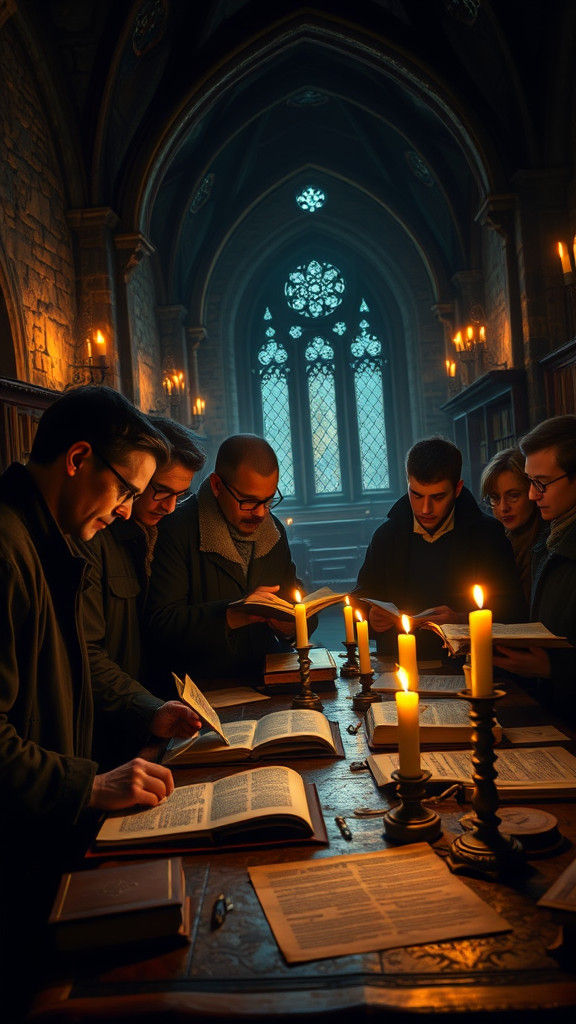Scholars in Gothic Library, Moody Lighting