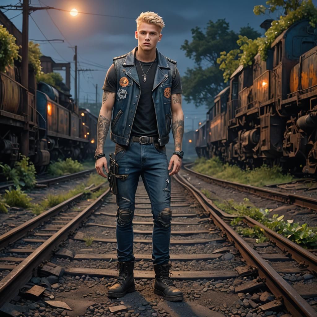 Biker in Abandoned Rail Yard: Fantasy Concept Art