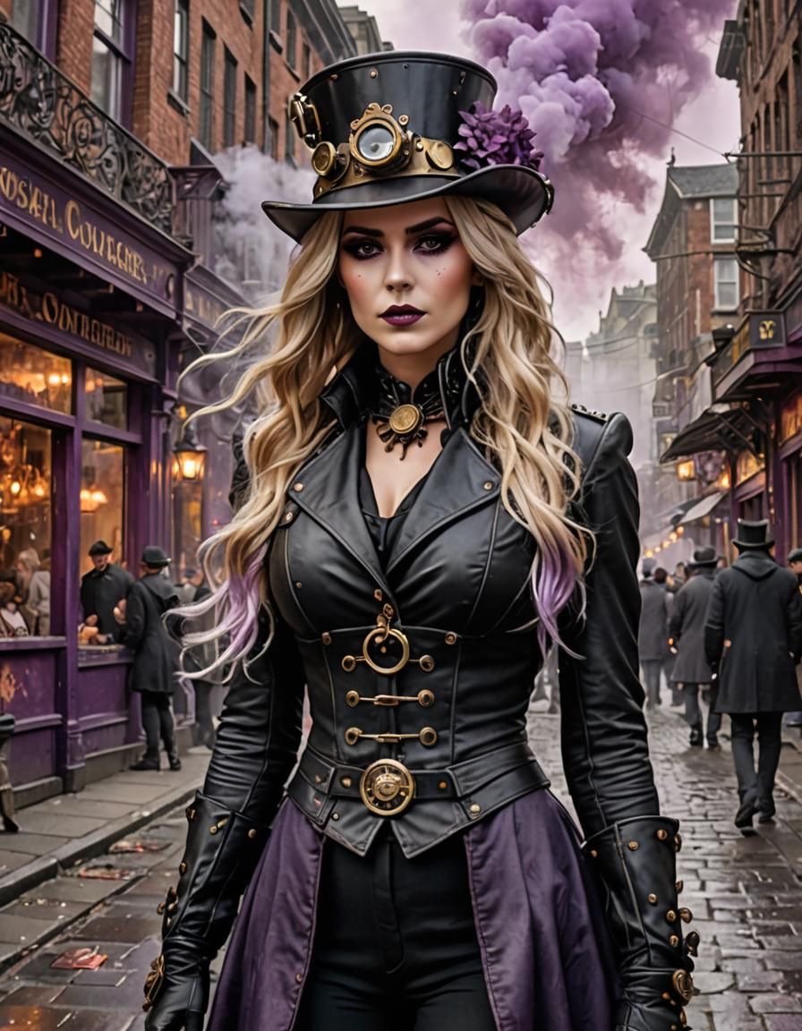 Steampunk Woman Portrait with Lilacs in Surreal Style