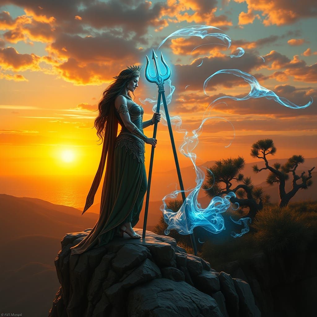 Athena Confronts Poseidon in a Beksiński-Bierstadt Landscape