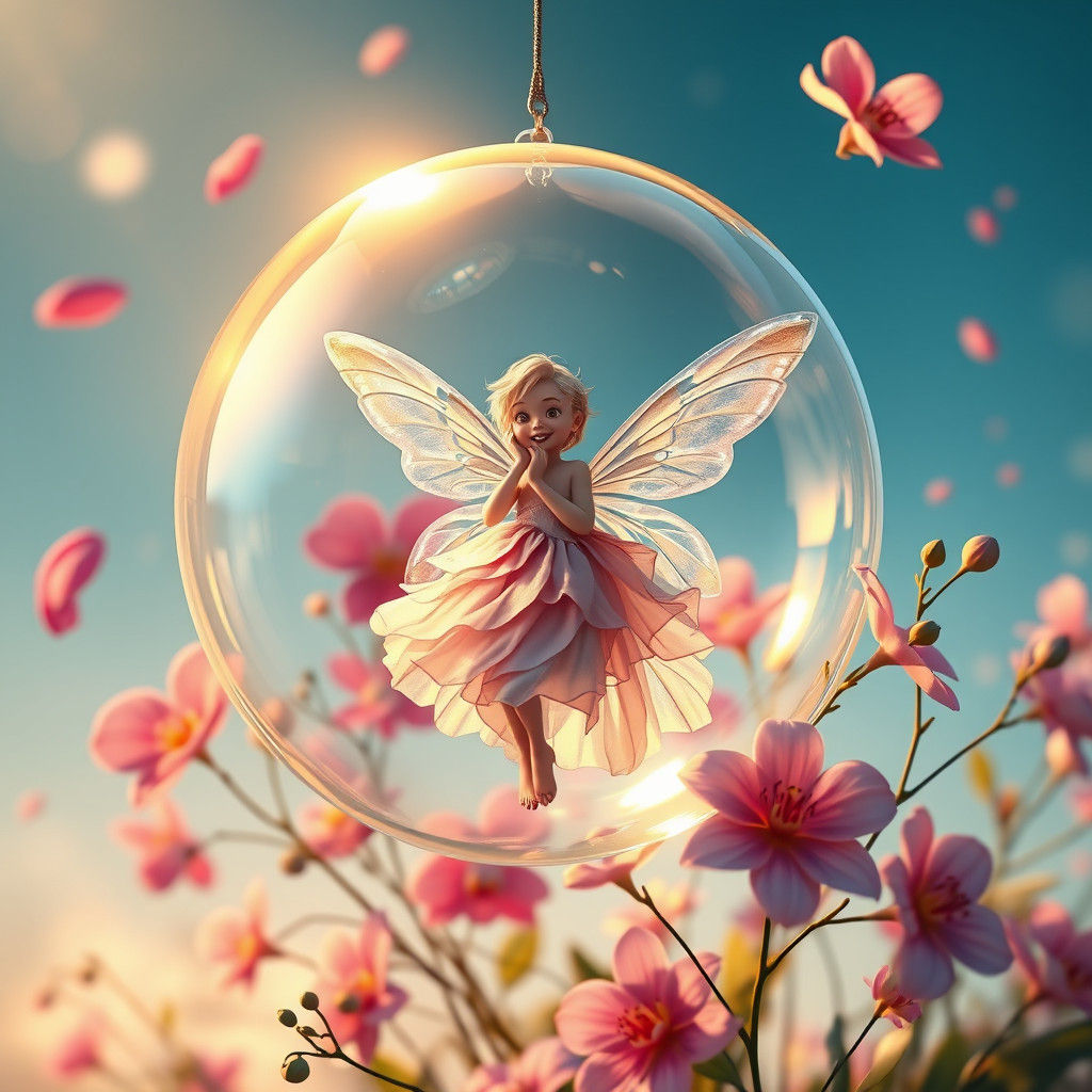 Enchanting Fairy in Bubble Surrounded by Exotic Flowers