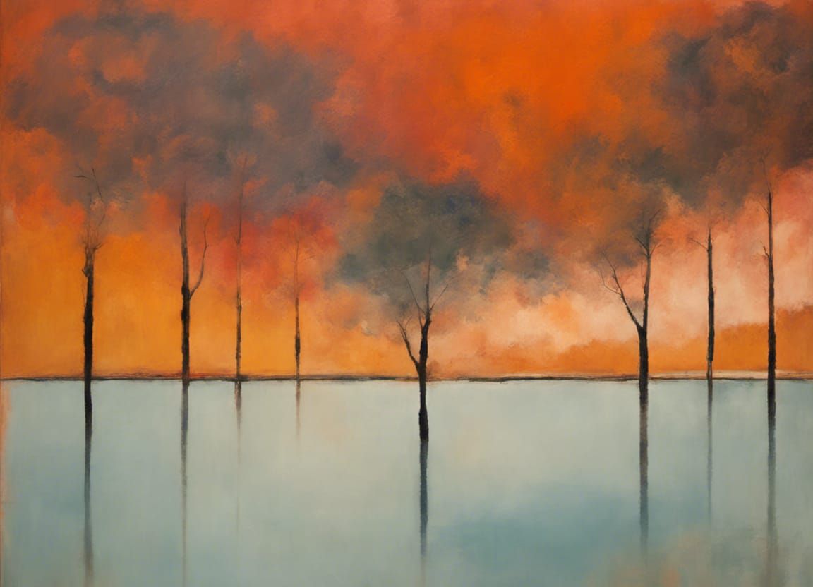 Abstract Lake Painting with Trees in Rothko Style