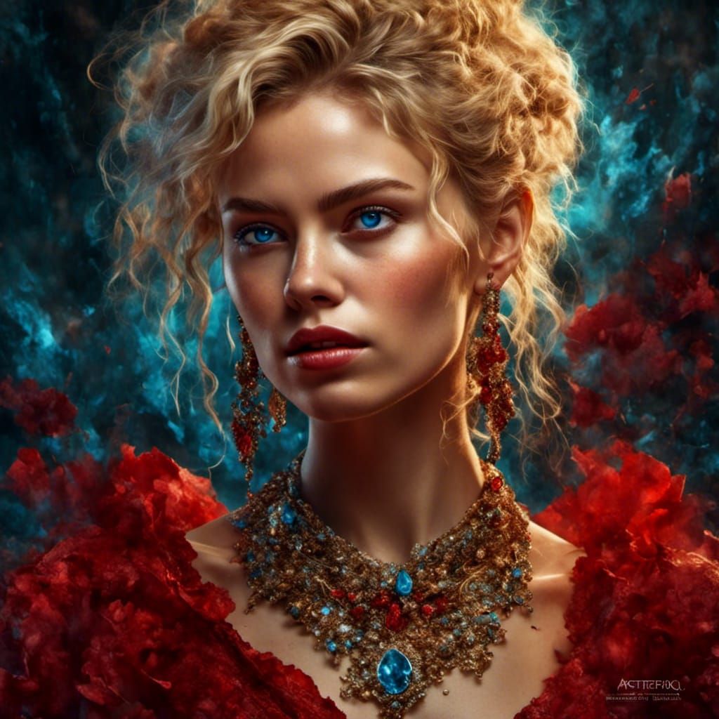 Woman in Red Dress with Detailed Jewelry Portrait