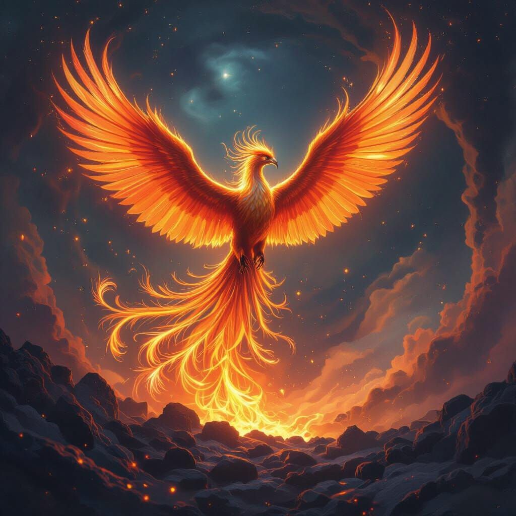Majestic Phoenix Rises from Cosmic Embers in Fantasy Art Sty...