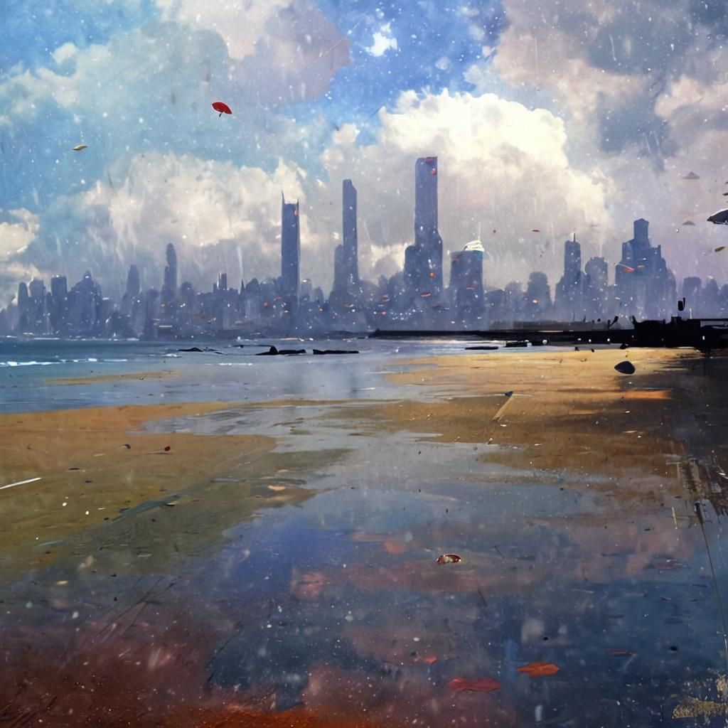 Futuristic Rainy Cityscape in Dystopian Surrealist Style