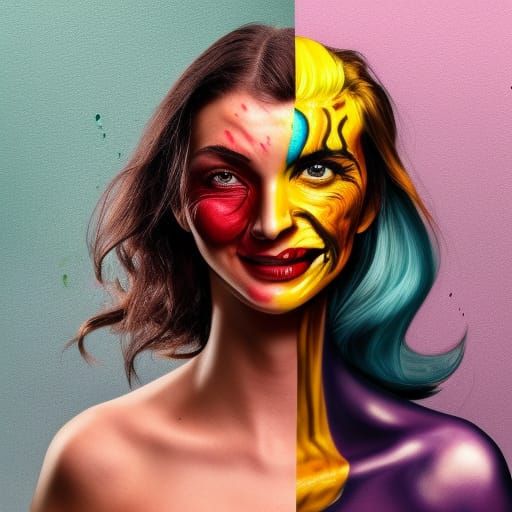 Two-Faced Woman: Happy and Sad in Hyperrealistic Style