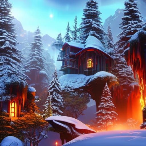 Fantasy Forest Game Level with Elven Treehouse Village