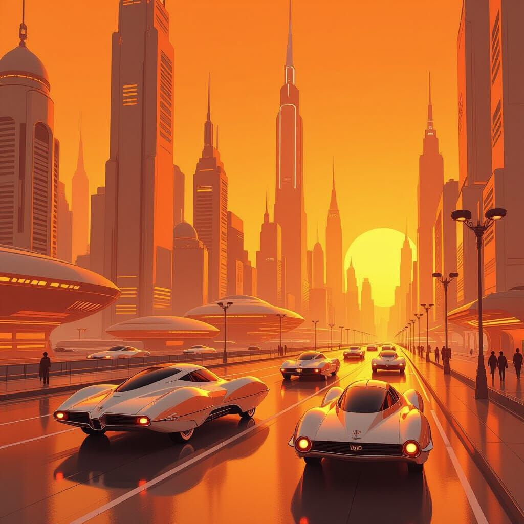 Orange Retro-Futuristic Cityscape with Chrome Vehicles