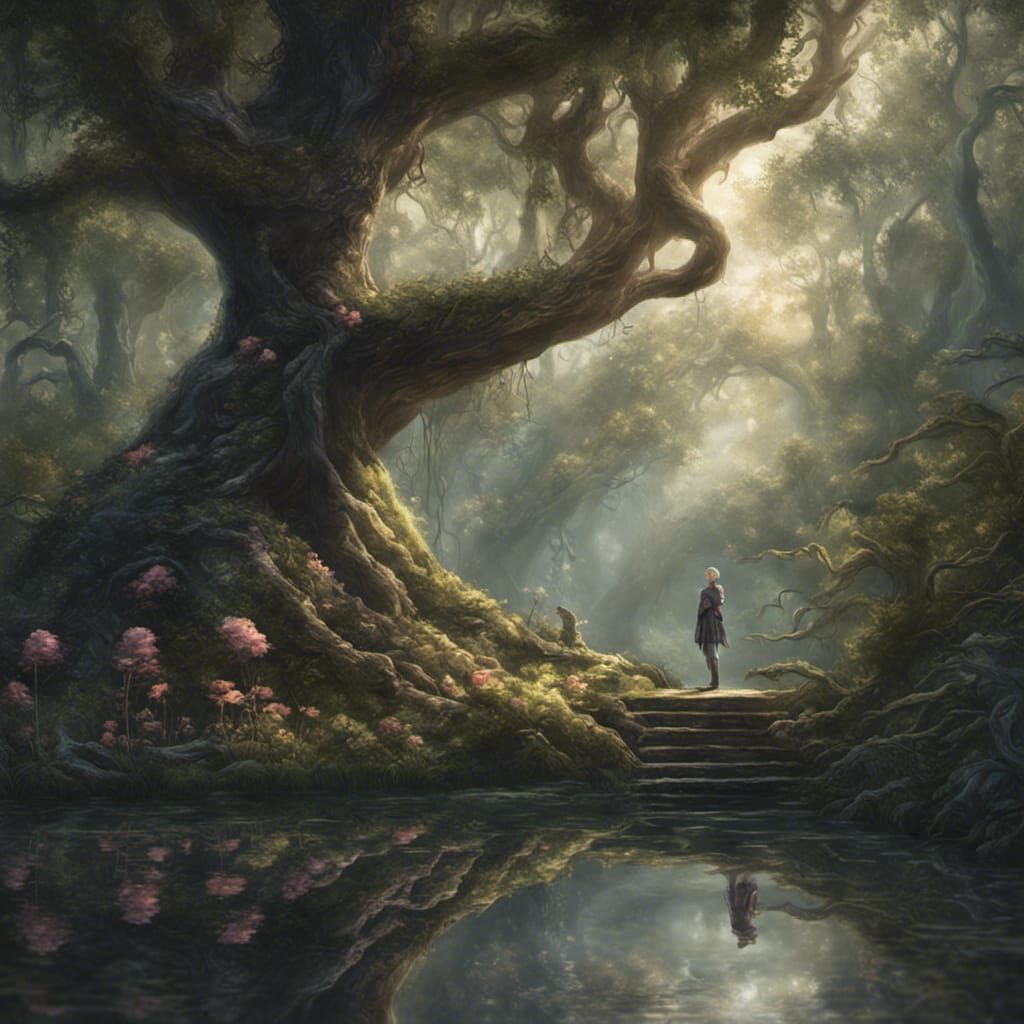 Magical Fairy Forest with Pond, Dark Fantasy Art
