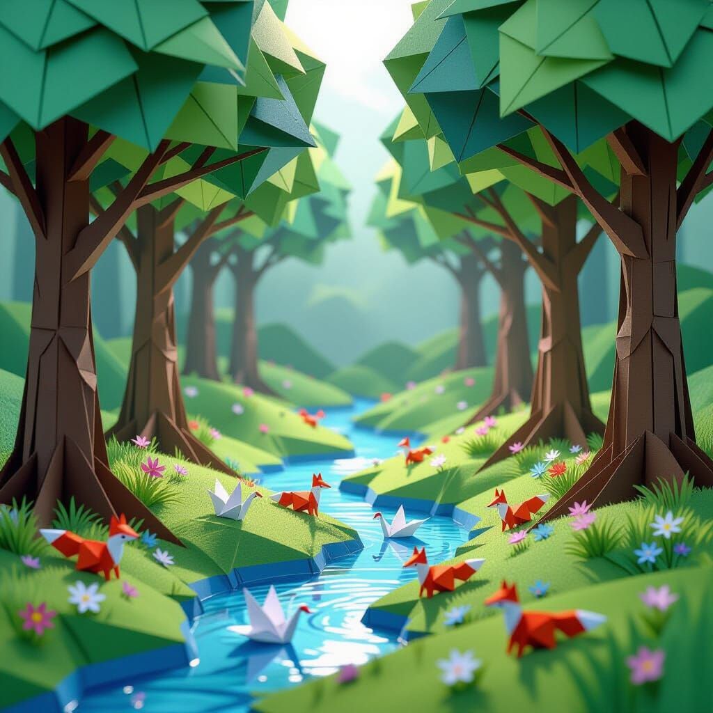 Origami Forest Scene with Paper Animals and River
